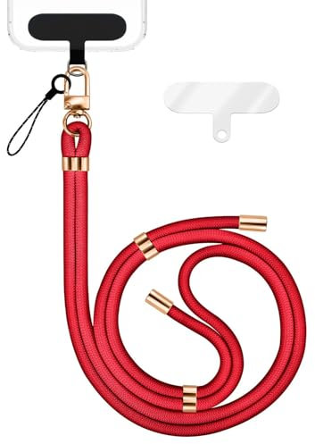 NALIA HoldMe Catena Universale per Smartphone & Custodie per Cellulari, Cordino in Nylon Regolabile e Staccabile, Laccetto da Collo, Laccio con Moschettone (oro) & 2 Patch, Colore:Rosso