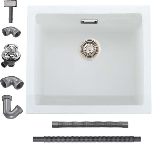 iAnomla Fregadero de cocina blanco de cuarzo, 50 x 45 cm, kit de residuos de fregadero de cocina de montaje inferior compuesto, cuenco individual comercial con desbordamiento, adecuado para estación
