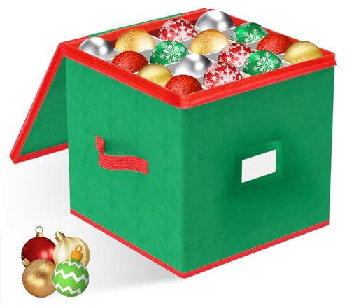 LPQKCcY Christmas Bauble Storage Box, 64 Slots Christmas Decoration Storage Xmas Tree Ornaments Organiser with Separators, Zipped Lid and Carry Handles - Tear Proof Non-Woven (Green, 33 x 33 x 33 cm)