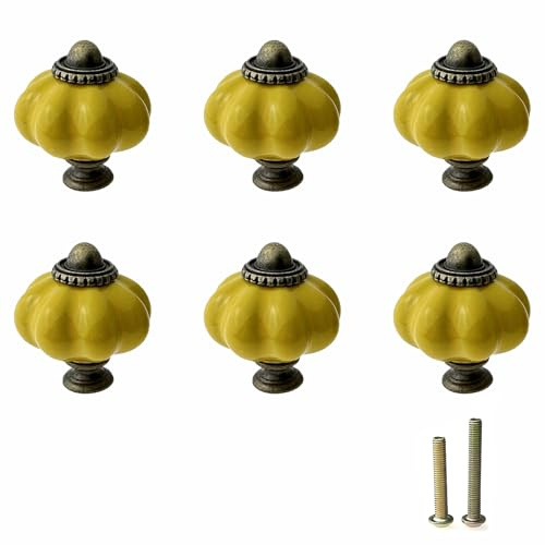 Mimhooy 6 Pcs Gold Yellow Pumpkin Drawer Knobs- Ceramic Cabinet Dresser Hardware