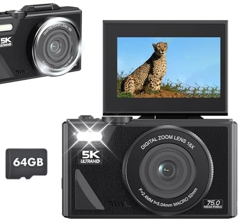 EMEBAY Fotocamera Digitale, Compatta 5K 75MP con scheda da 64 GB | Fotocamere selfie per fotografia, zoom 18X/videocamera Vlog/schermo flip da 3 pollici/anti-shake, videocamera