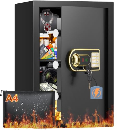 70L Großer Safe Tresor Feuerfest mit Zahlenschloss & A4 Feuerfester Tasche | Alarmmodus, Abnehmbares Regal, Externes Batteriefach, Digitaler Möbeltresor für Zuhause Büro Bargeld Schmuck DIN A4 Ordner