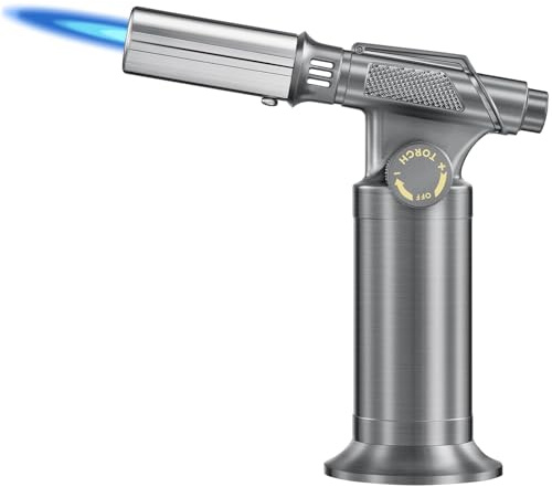 Saker Professional Butane Torch - 1440°C Adjustable Kitchen Blow Torch with Piezo Ignition, Torch Lighter with Refillable & Stable Base for Cooking, Soldering, Crafts (Butane Not Included) (Silver)