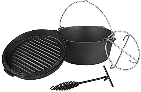 Mucola Dutch Oven Feuertopf Gusseisen ohne Füße 9 Liter 31x14 cm Schwarz | Schmortopf 8-14 Personen, Deckel mit erhöhtem Rand für Briketts, Henkel zum Aufhängen am Dreibein, inkl. Deckelheber, Outdoor