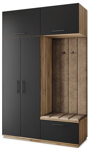 Masseno Flugarderoben Set Rema, Kleiderschrank-Set mit Sitzbank, Garderobenschrank Flur mit 5 Regalböden, Eiche Wotan/Schwarz