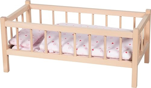 goki 6645 - Puppenbett mit Bezug III, komplettes Set aus Holz und Baumwolle, Puppenmöbel, ideales Zubehör für das Puppenzimmer, stabil und langlebig im Kinderzimmer, 60 x 29 x 25cm, ab 3 Jahre