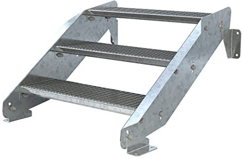 Außentreppe 3 Stufen 80 cm Laufbreite - ohne Geländer - Anstellhöhe variabel von 42 cm bis 64 cm - Gitterroststufe ST3 - feuerverzinkte Stahltreppe mit 800 mm Stufenlänge als montagefertiger Bausatz