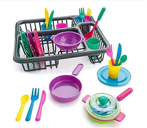 Unibos Pretend Play Kitchen Dish Set - 27 Piece Kids Kitchen Toys Accessories With Drainer Cooking Dishes Play Set For Boys & Girls