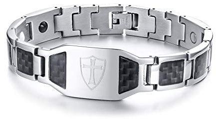 VNOX Pulsera de eslabones para hombre Terapia curativa 4 en 1 Caballeros Templarios Pulsera de acero inoxidable de fibra de carbono para hombres