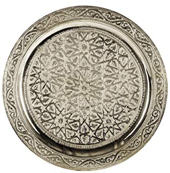 Vassoio rotondo orientale in ottone Mehdia 30 cm, decorazione in argento, vassoio da tè marocchino in colore argento, in rame orientale, colore argento