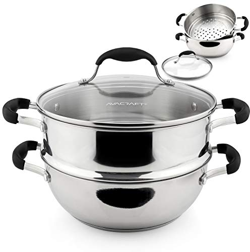 TOCYORIC 18/10 - Set di 3 pentole per cottura a vapore, in acciaio inox, per tutti i giorni, con coperchio in vetro, pentola a induzione, 7 litri