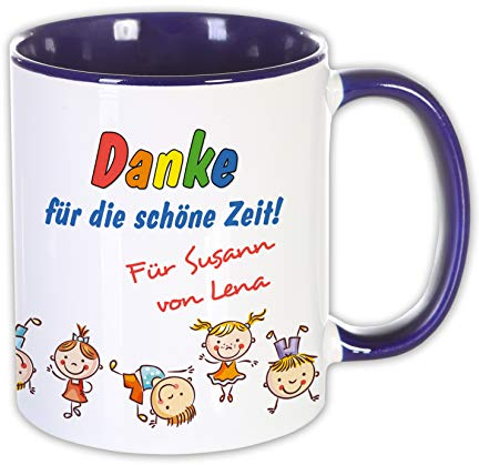 Abschieds Geschenk Kita Schule Trainer Lehrer Tasse mit Namen, Erzieherin Erzieher Kinder Danke für die schöne Zeit Kindergarten Tagesmutter (Tasse DunkelBLAU)