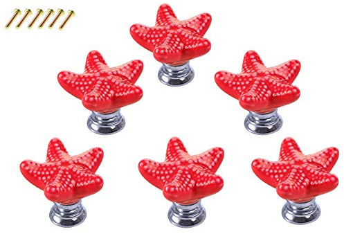 POFET 6 Stück Seestern-Form Kommode Schublade Schrank Knöpfe Vintage Türgriff Keramik Möbelgriffe für Küche Kleiderschrank Schrank Kinderzimmer Deko – Rot
