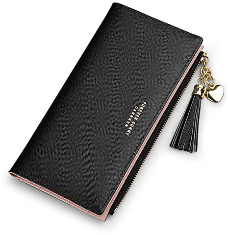 SUMGOGO Schlanke Geldbörse für Damen, lange Quaste, Reißverschluss, Clutch, Handtasche, Kartenetui, Schwarz, LARGE, Minimalistisch