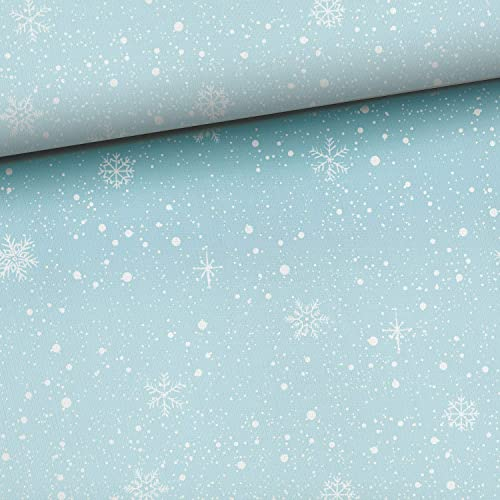 keine Meterware, Stoffe zum Nähen für Kinder, 95% Baumwolle: 1m French Terry Sweat Stoff mit Schneeflocken auf pastell blau mint - Mädchen Sommersweat Kinderstoff - Winter im Schnee - Bärenliebe