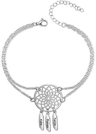 Lam Hub Fong Fußkettchen/Armband Damen mit 2~7 Name Personalisierte Frauen Namen Fußkettchen Mit Anhänger Traumfänger Armband Einstellbare Länge Geschenk für Frauen Frau Freundin (3 Namen)