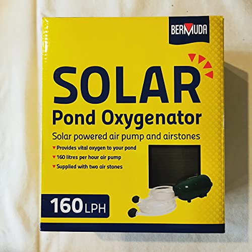 Bermuda Solar Powered Pond Oxygenator With Battery Backup - Black Above Ground Plastic Oxygenator - 2 x 80lph Air Stones - 1m Depth - 3m Pump Cable - 2m Hose - 4 x AA 1200mAH Ni-MH Battery