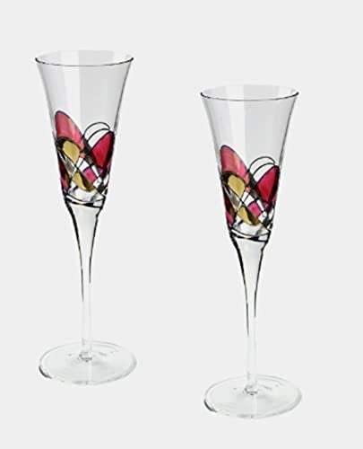 Mosaic Design Champagne Toasting Glass Flute Pair - Mouth Blown/Hand Decorated Glass - Ruby/Gold - Ideal Ruby Anniversary 40th Wedding Gift 25 cm