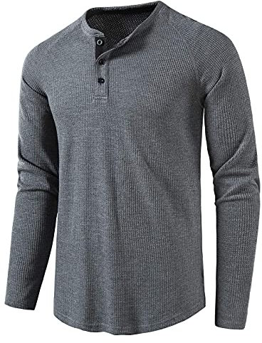 Mens Henley Shirt Long Sleeve Button Collarless Henley Tops Casual Smart Slim Fit Solid Color Waffle Grandad Shirts 3 Buttons Grandad Collar Classic Lightweight Basic Top Plain Darkgrey M
