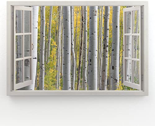 Estika - Leinwand Bilder Fensterblick - Wald, Birke - 90x60 cm - 1 teilige Wandbilder, Bild auf Leinwand, Modern Deko für wohnzimmer schlafzimmer - Natur Landschafts bilder - 6004A_1L