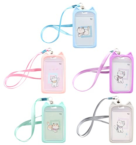 Cdemiy Lanyard mit Kartenhalter, 5 Stück Cartoon Plastik Bus ID Kartenhalter Etui, Transparenter Kunststoff Ausweis ID-Kartenhalter mit Lanyard, für Büro, Ausstellung, Wirtschaft, Schüler