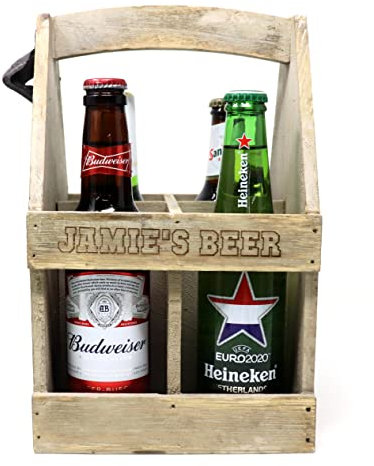 Personalised Engraved Wooden Bottle Carrier with Bottle Opener & 4 Bottles of Beer/Lager Gift Set For 18th & 21st Birthday For Son. Dad's 40th Birthday Gift. Grandad's 60th Birthday Gift