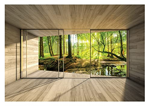 Fototapete Fenster Wald Bach Sonne Natur Bäume Wohnzimmer Schlafzimmer Wandtapete Vlies Tapete UV-Beständig Hohe Auflösung Montagefertig (368x254 cm - 4 Bahnen)