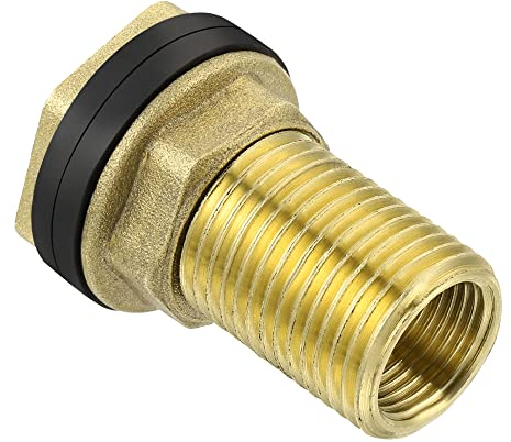 sourcing map Bulkhead Fitting - Water Tank Connector, Brass Threaded Fitting Adapter with 2 Rubber Gasket, Apply to Outdoor/Garden/Pools(BSPT3/8 Female G1/2 Male)