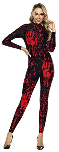Bseical Halloween KostüM Skelett Damen Jumpsuit 3D Print Langarm Skinny Cosplay Knochen Overall Fasching Karneval Skeleton Bodysuit (Blut Handabdruck, M)