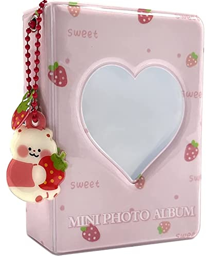 runrayay Mini-Fotoalbum, 7,6 cm, Rosa, Liebesherz, hohler Kartenordner, Kpop-Fotokartenhalter mit Bärenanhänger, 40 Taschen für die Fotosammlung
