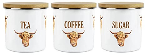 Purely Home Highland Cow Tea Coffee Sugar Canister Set - White Metal Enamel Kitchen Food Storage Containers
