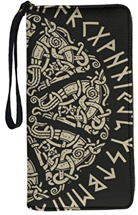 Lang Damen Geldbörse Wikinger Runen Tattoo Damen Portemonnaie Leder Frauen Portmonee Casual Brieftasche Geldbörse mit Reißverschluss Multicolor Einheitsgröße