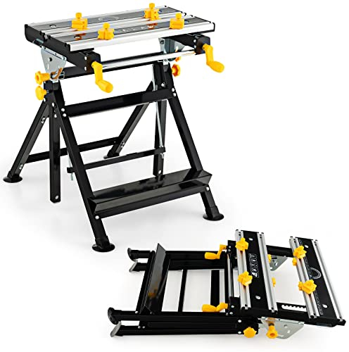 GYMAX Spann- und Arbeitstisch klappbar, tragbarer Untergestell 7-stufig höhenverstellbar, Arbeitsplatz mit ausziehbarer Tischplatte, Werkbank zum Reparieren & Schweißen, inkl. 8 verschiebbaren Klemmen