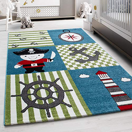 Teppium Kinderteppich für Jungen und Mädchen Piraten Muster 120 x 170 cm Multicolor - Kurzflor Waschbarer Teppich Extra Weich und Antiallergen - Teppich für Kinderzimmer, Babyzimmer und Spielzimmer