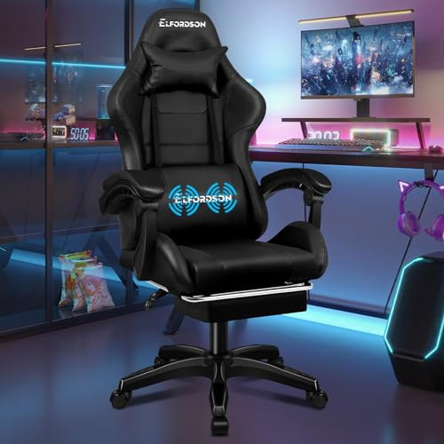 ELFORDSON 2-point Massage Gaming Chair with XL Lumbar Cushion Head Pillow, Ergonomic Computer Racing Chairs High Back 150° Reclining Adjustable for Kids Adults, Black