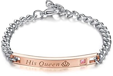 KnSam Edelstahl Armbänder, Partnerarmbänder Herrenarmband Paar Armband mit His Queen Krone mit ZirkoniaPanzerkette für Männer, Rose Gold