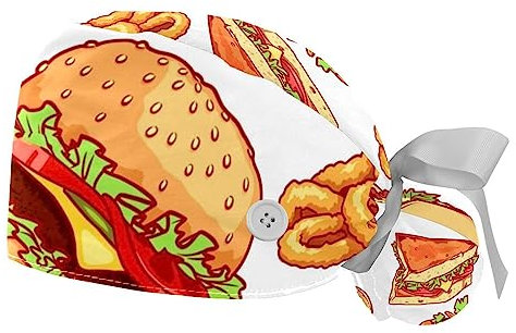 suojapuku 2er-Pack Arbeitshüte, Schrubbmütze,Hamburger-Sandwich-Hotdog,Bouffant Cap für die Hausarbeit