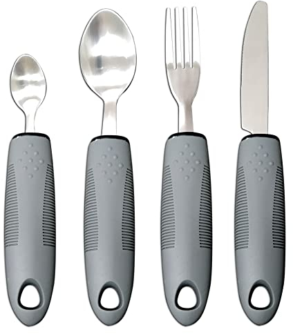 4Pcs Easy Grip Cutlery Adaptive Eating Drinking Utensils,Large Wide Handled Arthritis Hands Aids Cutlery for Disabled People Elderly Parkinson(Grey)