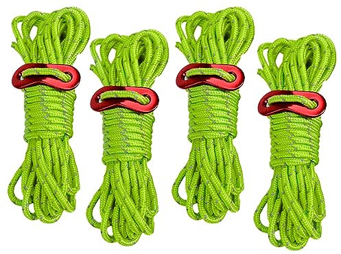 SJBAUTYO 4X Tendeurs de tente, réfléchissant en Vert - Corde de Tente avec Boucle en Aluminium - Corde de Tension - Corde de Camping - tendeur de Corde - Corde de Tente, Chaque 4m pour Le Camping
