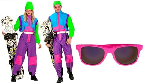 Scherzwelt.de Kostüme und mehr - 80er Offset-Snowboarder-Anzug – Ski Anzug Unisex Gr. XXL mit pinker Brille XXL - ab 190cm