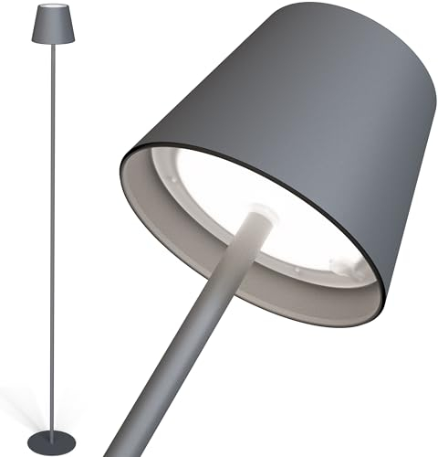 ovilum Matar Akku LED Stehlampe Aluminium |Anthrazit |Indoor & Outdoor |Kabellos | Dimmbar | Warm-/Kaltweiß | USB C aufladbar | Wasserdicht IP44 | Modernes Design in Grau