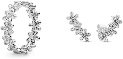 Pandora Damen-Ring Glanzvolles Gänseblümchen-Band 925 Silber Zirkonia weiß Gr. 52 & Moments Gänseblümchen Ohrstecker aus Sterling Silber mit klarem Cubic Zirkonia - zum Fixieren am Ohrläppchen