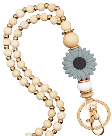 MyfavoriteK Schlüsselband aus Holz, Boho-Lehrer-Schlüsselband für Ausweis, niedliche Holzperlen, Schlüsselband für Damen, für Studenten, Krankenschwestern, Mitarbeiter, Dunkelgrün, Medium