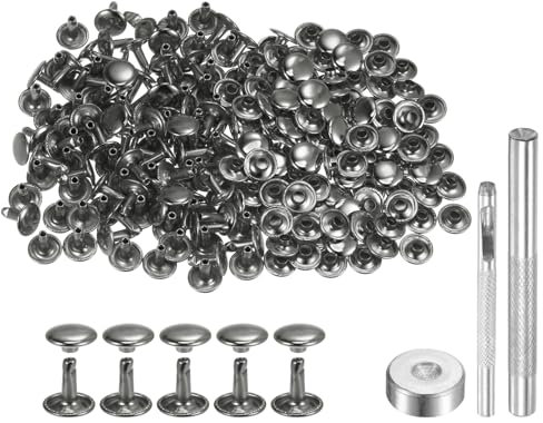 QUARKZMAN 100 Juego Cuero Remache 10 x 10 mm Remaches de Metal de Doble Tapa Broches de Presión Sujetadores con 3 Herramientas de Instalación para Cuero Manualidades Gris Metálico