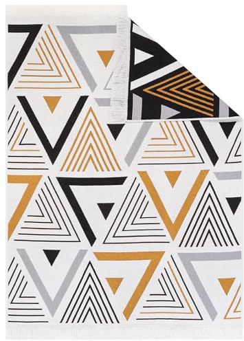 TAPISO Azteca Teppich Kurzflor mit Fransen Baumwolle Creme Grau Orange Schwarz Dreiecke Waschbar Beidseitig Anwendbar Wohnzimmer Schlafzimmer Küche ÖKOTEX 80 x 150 cm