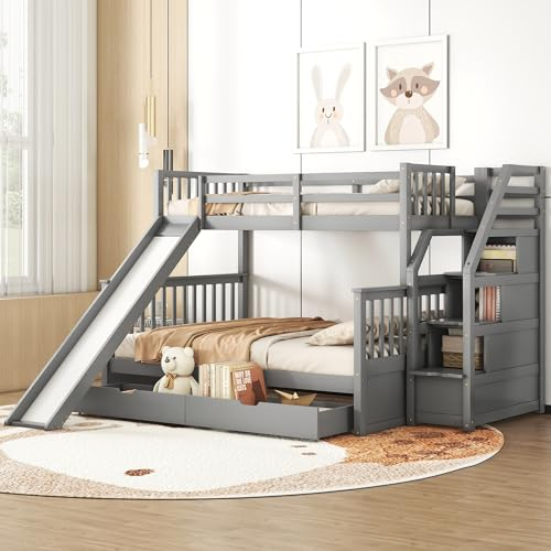 LTGB Etagenbett 140x200cm und 90x200cm mit Schubladen Treppe, Hochbett Kinderbett mit Rutsche, Stauraumbett, Jugendbett, Doppelbet, Stockbett, für Jungen, Mädchen (Grau A)