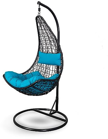 Cesta Colgante XN-2005 - Silla Colgante con Soporte, Cojín |Columpio Colgante para Interior y Exterior | Estructura Metálica (Azul)