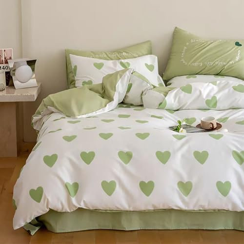Michorinee Bettwäsche 140x200 Weiß Grün Herzen Bettbezug und Kissenbezug 70x90 cm Microfaser Herzmuster Aesthetic Wende Bettwäsche Set mit Reißverschluss