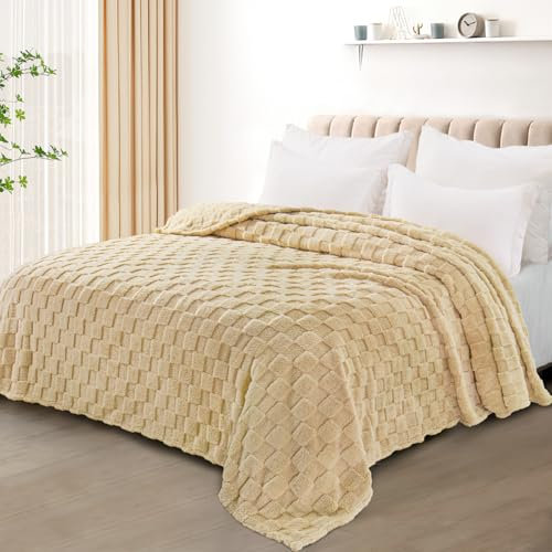 Exclusivo Mezcla Plaid Couverture Polaire à Motif Carreaux, Plaid jeté de Canape Super Doux et Chaud, Léger pour Toutes Les Saisons, 230x270CM, Chameau