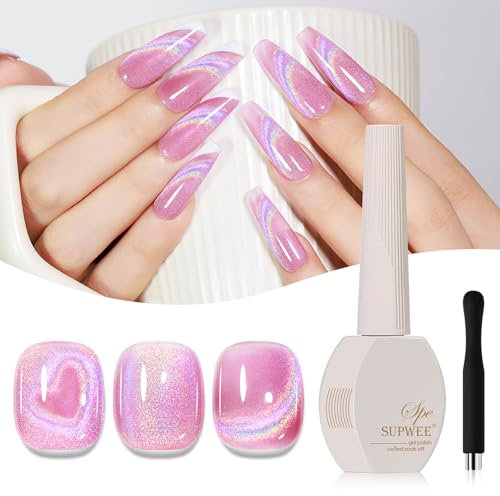 SUPWEE Holographic Cat Eye Gel Nail Polish, 15ML Pink Rainbow Cat Eye Gel with Magnet Reflective Shimmer Nail Gels 9D Galaxy Magnetic Gels for Home Nail Art DIY Manicure